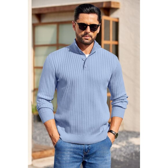 Men's Quarter Button Sweater Long Sleeve Stand Collar Sweater Knitted Light Blue - Picture 2 of 5